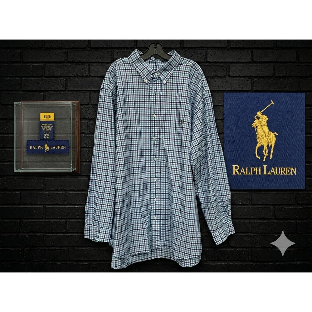 🤑Ralph Lauren Mens🚨4XLT Plaid Button Down Shirt Blue Teal Long Sleeve $110